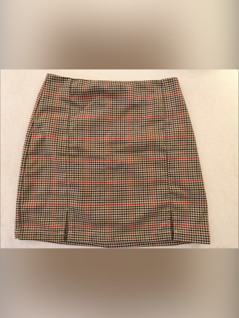 Plaid Mini Skirt in Beige, Black, and Red